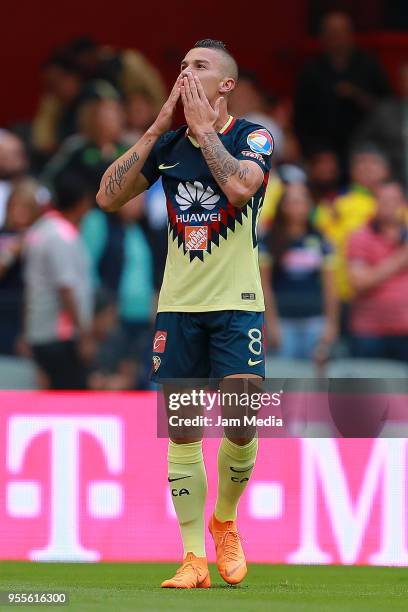 Matheus Uribe of America celebrates after scoring the first goal of his team during the quarter finals second leg match between America and Pumas...
