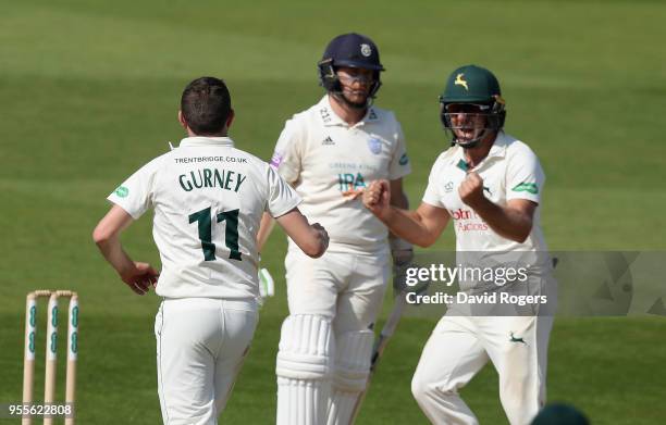 Harry Gurney of Nottinghamshire celebrates after trapping Liam Dawson LBW during day four of the Specsavers County Championship Division One match...