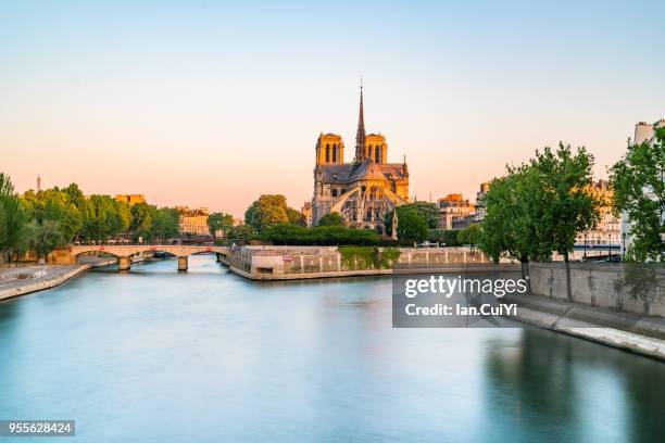 seine riverfront with notre-dame cathedral at sunrise in paris, france. (morning) - remblai photos et images de collection