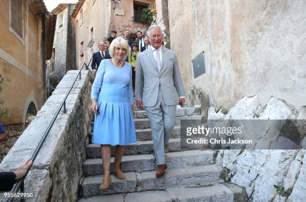 Prince Charles, Prince of Wales and Camilla, Duchess of Cornwall visit Eze Village on May 7, 2018 in Eze, France. Prince Charles, Prince of Wales and...