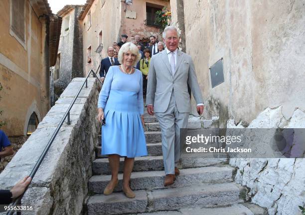 Prince Charles, Prince of Wales and Camilla, Duchess of Cornwall visit Eze Village on May 7, 2018 in Eze, France. Prince Charles, Prince of Wales and...