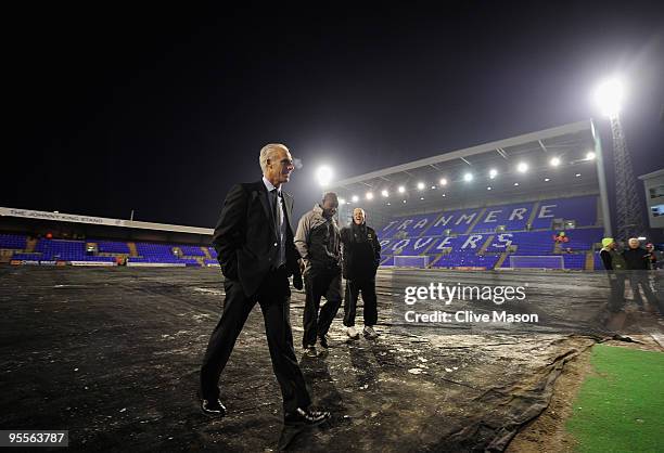 Wolverhampton Wanderers Manager Mick McCarthy checks on the pitch prior to the FA Cup sponsored by E.ON 3rd Round Match between Tranmere Rovers and...