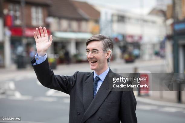 Conservative MP Jacob Rees-Mogg talks with people near his constituency office in Keynsham on May 4, 2018 in North East Somerset, United Kingdom. In...