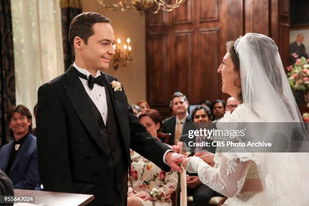 The Bow Tie Asymmetry" - Pictured: Sheldon Cooper and Amy Farrah Fowler . When Amy's parents and Sheldon's family arrive for the wedding, everybody...