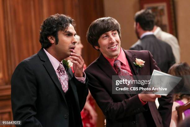 The Bow Tie Asymmetry" - Pictured: Rajesh Koothrappali and Howard Wolowitz . When Amy's parents and Sheldon's family arrive for the wedding,...