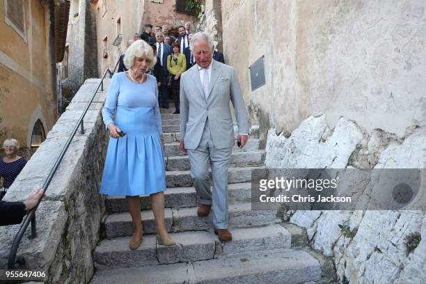 Prince Charles, Prince of Wales and Camilla, Duchess of Cornwal visit Eze Village on May 7, 2018 in Eze, France. Prince Charles, Prince of Wales and...