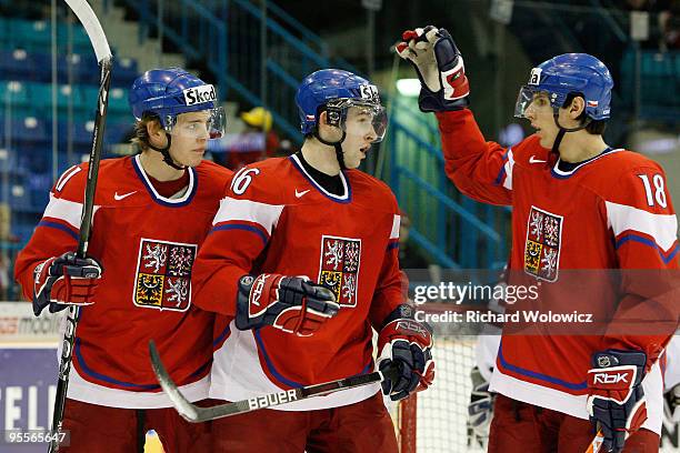 Stepan Novotny of Team Czech Republic celebrates his first period goal with team mates during the 2010 IIHF World Junior Championship Tournament...