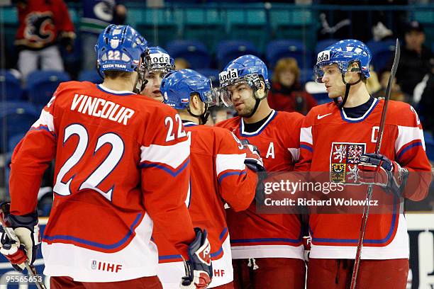 Jan Kana of Team Czech Republic celebrates his first period goal with team mates during the 2010 IIHF World Junior Championship Tournament Relegation...