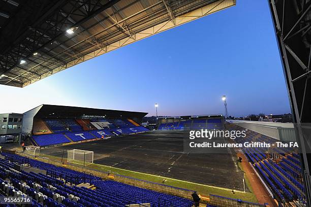General view as covers protect the pitch prior to the FA Cup sponsored by E.ON 3rd Round Match between Tranmere Rovers and Wolverhampton Wanderers at...