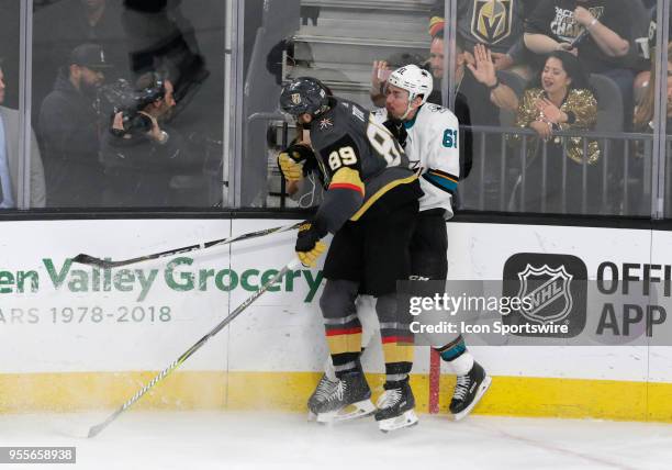 Vegas Golden Knights right wing Alex Tuch checks San Jose Sharks defenseman Justin Braun during Game 5 of the Western Conference Second Round of the...