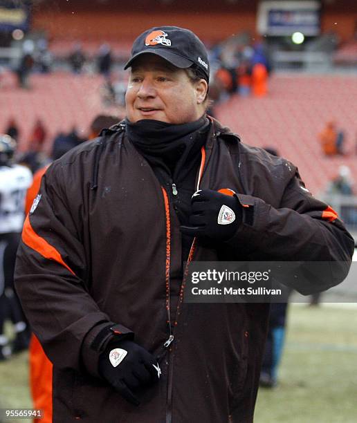 Eric Mangini head coach of the Cleveland Browns leaves the field after defeating the Jacksonville Jaguars at Cleveland Browns Stadium on January 3,...