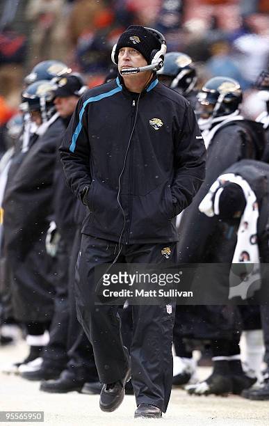 Jack Del Rio head coach of the Jacksonville Jaguars paces the sideline at Cleveland Browns Stadium on January 3, 2010 in Cleveland, Ohio.