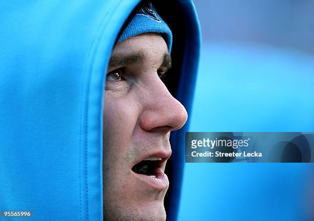 Jake Delhomme of the Carolina Panthers reacts on the sidelines against the New Orleans Saints during their game at Bank of America Stadium on January...
