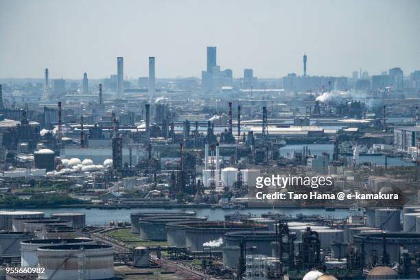 factory area in kawasaki city in japan daytime aerial view from airplane - kanagawa prefecture stock pictures, royalty-free photos & images