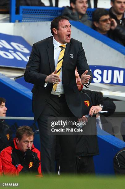 Malky Mackay manager of Watford shouts during the FA Cup sponsored by E.ON Final 3rd round match between Chelsea and Watford at Stamford Bridge on...