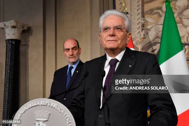 Italian President Sergio Mattarella addresses journalists after consultations with political parties, on May 7, 2018 at the Quirinale palace in Rome....