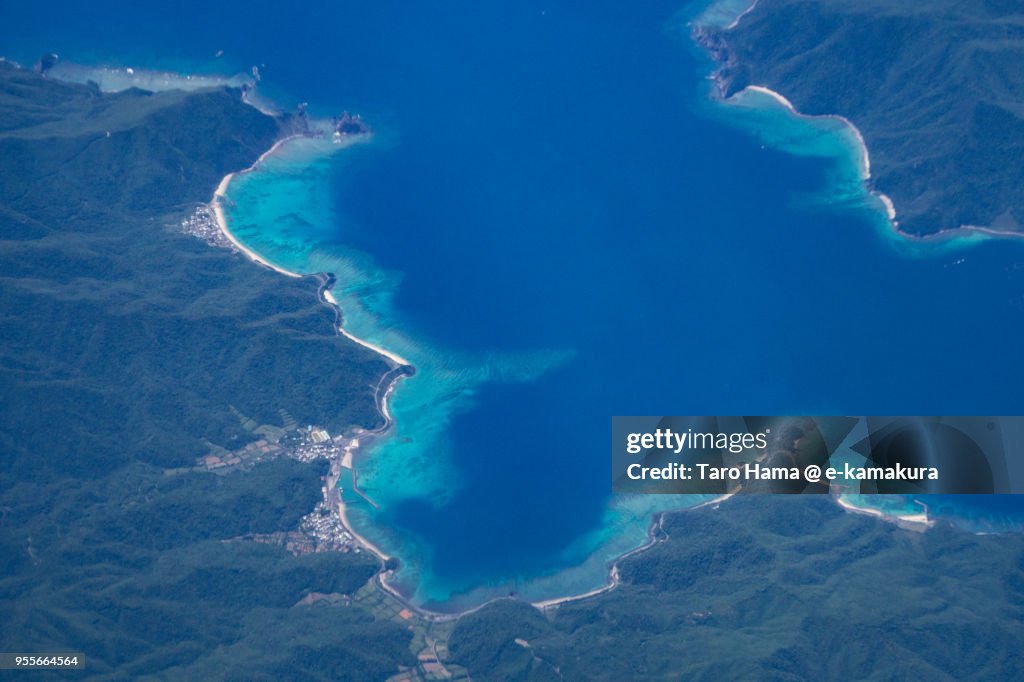 East China Sea and Ukenson in Kagoshima prefecture in Japan daytime aerial view from airplane