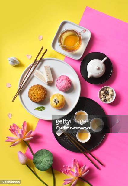 East asian style afternoon tea break objects on yellow colour background.