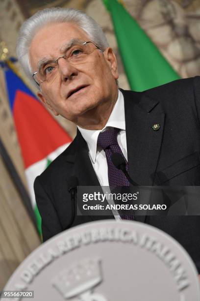 Italian President Sergio Mattarella addresses journalists after consultations with political parties, on May 7, 2018 at the Quirinale palace in Rome....