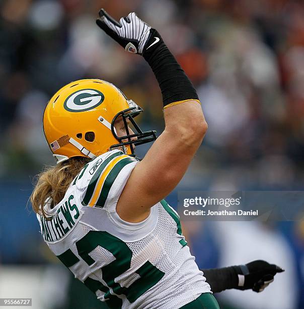 Clay Matthews of the Green Bay Packers celebrates a sack against Jay Cutler of the Chicago Bears at Soldier Field on December 13, 2009 in Chicago,...