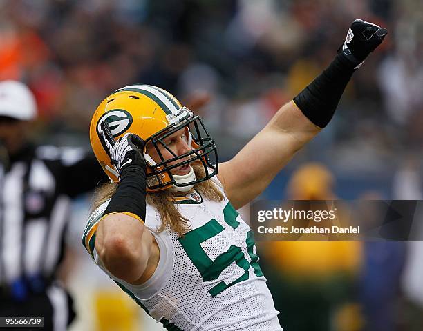 Clay Matthews of the Green Bay Packers celebrates a sack against Jay Cutler of the Chicago Bears at Soldier Field on December 13, 2009 in Chicago,...