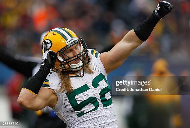 Clay Matthews of the Green Bay Packers celebrates a sack against Jay Cutler of the Chicago Bears at Soldier Field on December 13, 2009 in Chicago,...