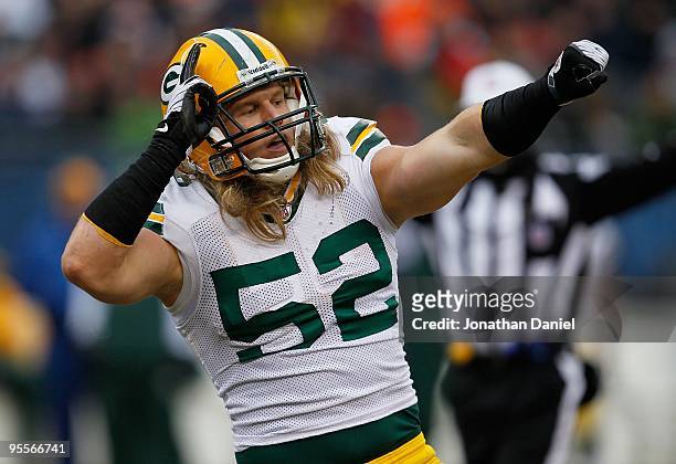 Clay Matthews of the Green Bay Packers celebrates a sack against Jay Cutler of the Chicago Bears at Soldier Field on December 13, 2009 in Chicago,...