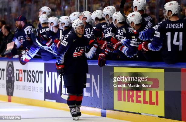 Alex Debrincat of United States celebratw eith his team mates after he scores the 3rd goal during the 2018 IIHF Ice Hockey World Championship group...