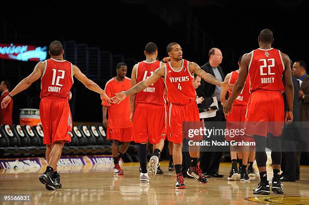 Will Conroy, Antonio Anderson and Joey Dorsey of the Rio Grande Valley Vipers celebrate their win against of the Los Angeles D-Fenders at Staples...