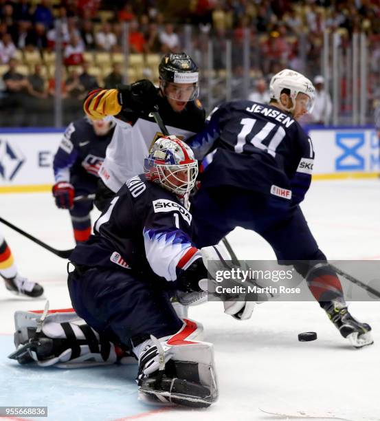 Keith Kinkaid, goaltender of United States tends net against Germany during the 2018 IIHF Ice Hockey World Championship group stage game between...