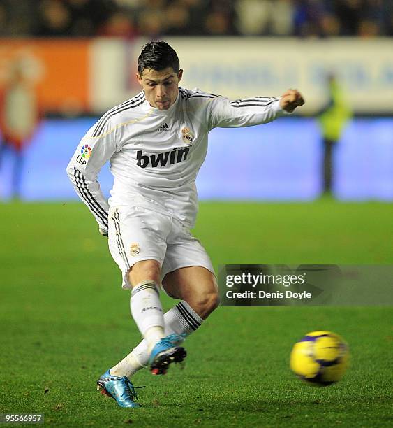 Cristiano Ronaldo of Real Madrid takes a free kick during the La Liga match between CA Osasuna and Real Madrid at the Reyno de Navarra stadium on...