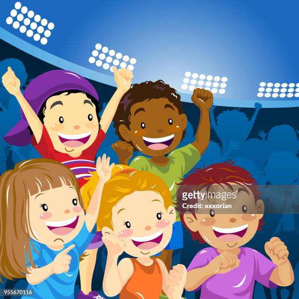 kinder erfreuen sich im stadion - sportveranstaltung stock-grafiken, -clipart, -cartoons und -symbole
