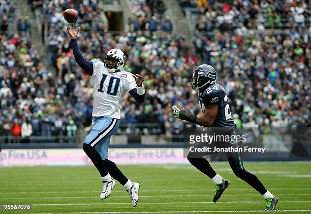 Vince Young of the Tennessee Titans throws a pass against the Seattle Seahawks at Qwest Field on January 3, 2010 in Seattle, Washington.