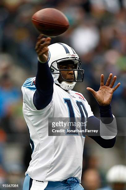 Vince Young of the Tennessee Titans throws a pass against the Seattle Seahawks at Qwest Field on January 3, 2010 in Seattle, Washington.