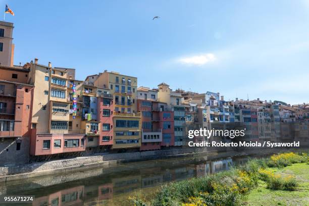colored houses, girona, spain - fiume onyar foto e immagini stock