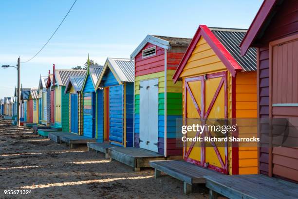 bathing huts on brighton beach, melbourne, australia - st kilda beach stock pictures, royalty-free photos & images