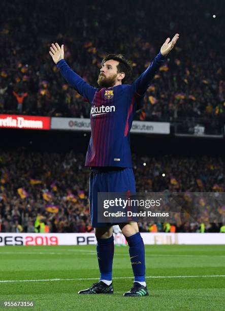 Lionel Messi of FC Barcelona celebrates after scoring his team's second goal during the La Liga match between Barcelona and Real Madrid at Camp Nou...