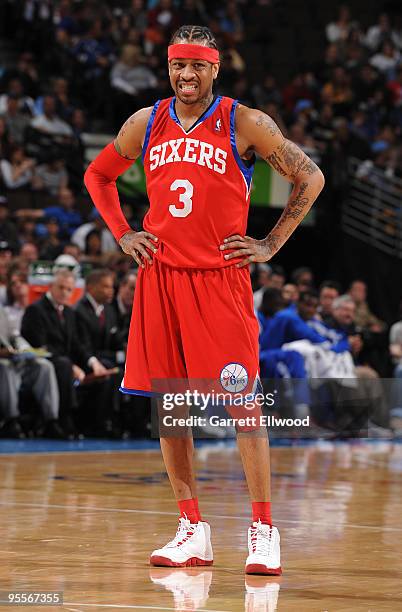 Allen Iverson of the Philadelphia 76ers reacts to a call against the Denver Nuggets on January 3, 2010 at the Pepsi Center in Denver, Colorado. NOTE...