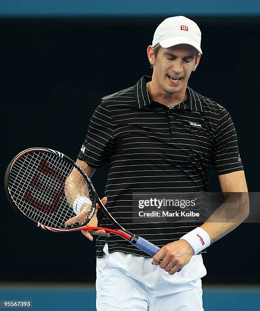 Jarkko Nieminen of Finland shows his frustration in his first round match against Richard Gasquet of France during day two of the Brisbane...