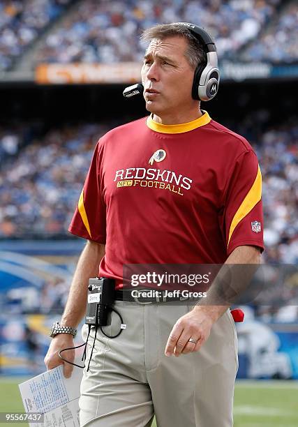 Washington Redskins head coach Jim Zorn looks on from the sideline against the San Diego Chargers at Qualcomm Stadium on January 3, 2010 in San...