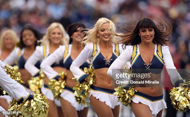 The San Diego Chargers Girls cheer during the Washington Redskins v San Diego Chargers NFL Game on January 3, 2010 at Quolcomm Stadium in San Diego,...