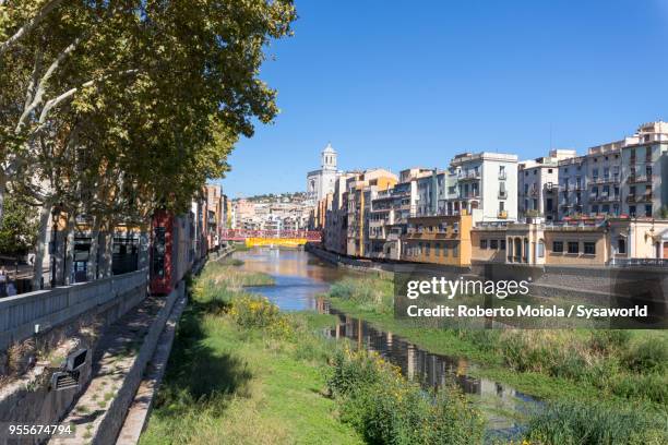 colored houses on river onyar, girona - rivière onyar photos et images de collection