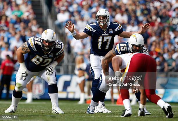 Quarterback Philip Rivers of the San Diego Chargers calls out a play against the Washington Redskins in the first quarter at Qualcomm Stadium on...