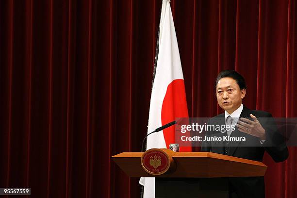 Japanese Prime Minister Yukio Hatoyama speaks during the new year press conference at Hatoyama's official residence on January 4, 2010 in Tokyo,...