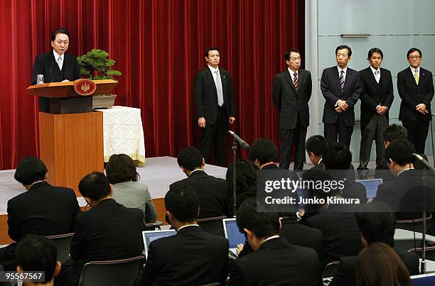 Japanese Prime Minister Yukio Hatoyama speaks during the new year press conference at Hatoyama's official residence on January 4, 2010 in Tokyo,...