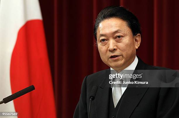 Japanese Prime Minister Yukio Hatoyama speaks during the new year press conference at Hatoyama's official residence on January 4, 2010 in Tokyo,...