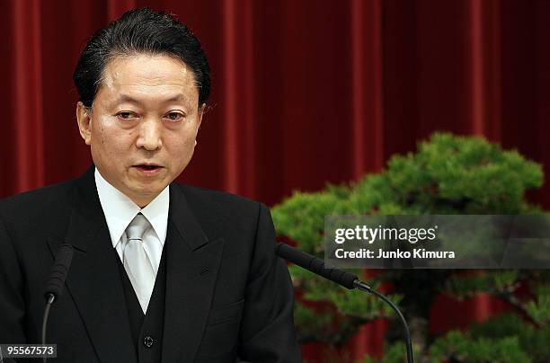 Japanese Prime Minister Yukio Hatoyama speaks during the new year press conference at Hatoyama's official residence on January 4, 2010 in Tokyo,...