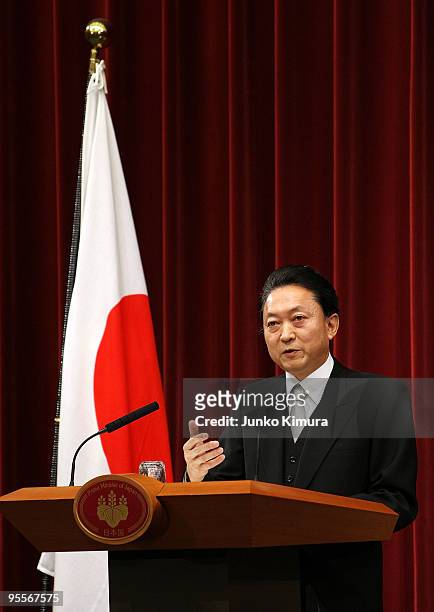 Japanese Prime Minister Yukio Hatoyama speaks during the new year press conference at Hatoyama's official residence on January 4, 2010 in Tokyo,...