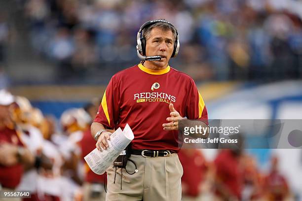 Washington Redskins head coach Jim Zorn looks on from the sideline against the San Diego Chargers at Qualcomm Stadium on January 3, 2010 in San...