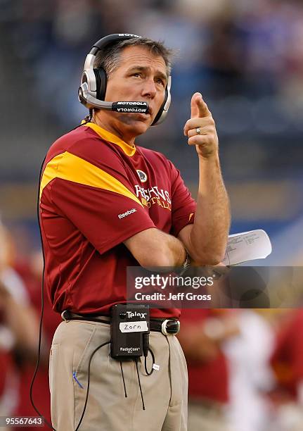 Washington Redskins head coach Jim Zorn looks on from the sideline against the San Diego Chargers at Qualcomm Stadium on January 3, 2010 in San...